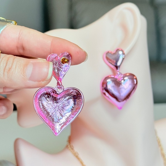 Pink and Silver Heart Earrings - Picture 7 of 10